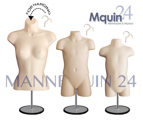 3 flesh forms - female, child &amp; toddler body mannequins + 3 stands + 3 hangers for sale