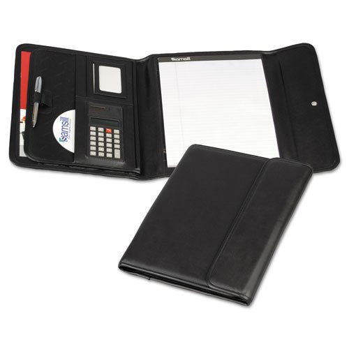 Professional Tri-Fold Padfolio w/Calculator, Writing Pad, Vinyl, Black