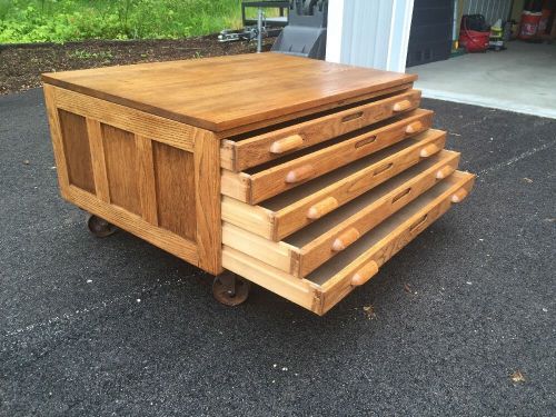 Antique Oak Industrial  Hamilton 5 Drawer Map Cabinet Table On Casters