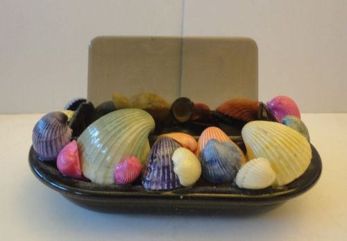 UNIQUE DESK  BUSINESS CARD HOLDER, BLACK WITH DIFFERENT SIZE SEASHELLS