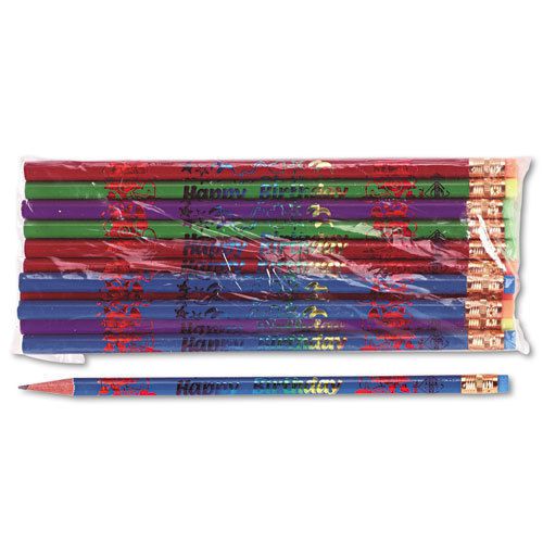 Decorated Wood Pencil, Happy Birthday, #2, BLK/BE/GN/PE/RD, Dozen