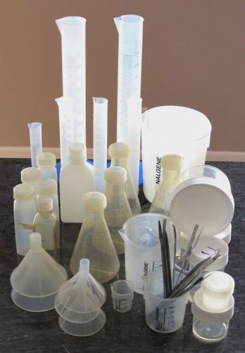 Lot of nalgene plastic labware cylinders beakers powder funnels + metal spatula for sale