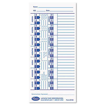 Time Card for Lathem Models 900E/1000E/1500E/5000E, White, 100/Pack