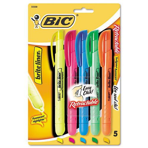 Bic brite liner retractable highlighters, chisel tip, assorted, 5 highlighters for sale