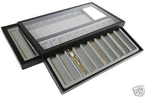 20 SLOT ACRYLIC LID JEWELRY DISPLAY CASE GRAY TRAY