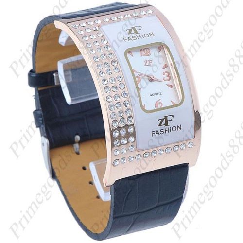 Wide synthetic leather gold rhinestone wristwatch lady ladies women&#039;s black for sale