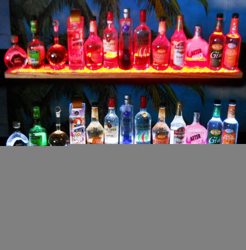 COLOR CHANGING LED 4&#039; LIQUOR BOTTLE, SHOT GLASS  DISPLAY SHELF OAK W/ REMOTE