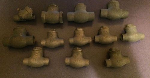 Mixed Lot, 12 Brass Check Valves, 3/8&#034;, 1/2&#034;, 3/4&#034;, Solder, Threaded, 125 PSI