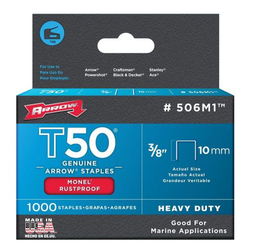 Arrow Fastener 506M1 Genuine T50 Monel Rustproof 3/8-Inch Staples 1000-Pack