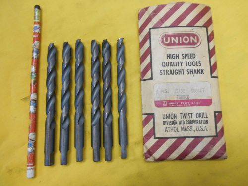 LOT of 6 NEW 13/32&#034; x 5&#034; STRAIGHT SHANK DRILL BITS jobber tang UNION USA COBALT