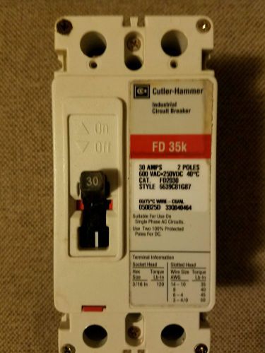 CUTLER HAMMER FD2030 30A 2POLE 600VAC 250VDC CIRCUIT BREAKER TYPE FD35K P112