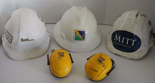 Lot of 3 hardhat w/ ratchet suspension &amp; 1 set hard hat ear muffs 3m for sale