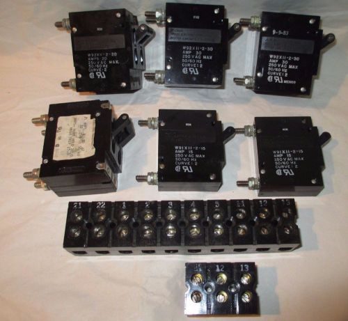 HEINEMANN, AMF, KULKA Lot of 8 Circuit Breakers &amp; Terminal Blocks 15+20amp USED