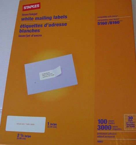 Staples 3000 mailing labels /100 sheets laser/ink jet 2-5/8&#034;x1&#034; 5160/8160 avery for sale