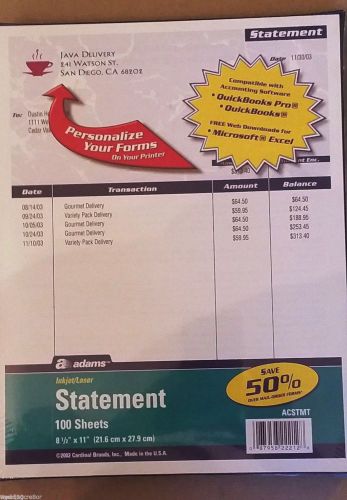 ADAMS Inkjet/Laser Blank STATEMENT Software Compatible Forms - 100 shts