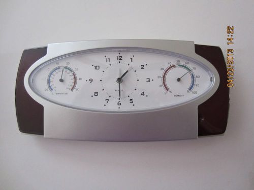 TRI-FUNCTION DESK QUARTZ CLOCK/TEMP/HUMIDITY/ALARM-GREAT GIFT/AWARD/OFFICE