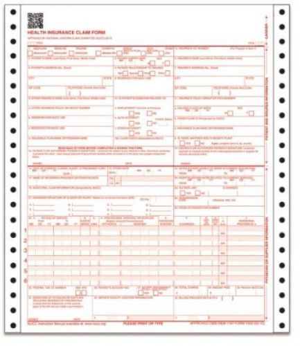 TOPS CMS-1500 Health Insurance Claim Forms, 2-Part Carbonless, Continuous, 9.5