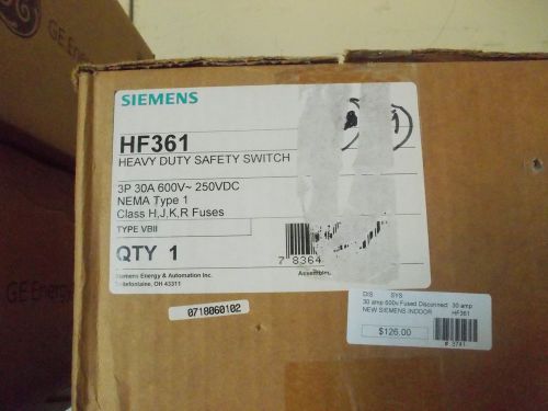 NIB Siemens HF361 30A 600V 3 Pole Fusible Disconnect NEMA 1 Enclosure