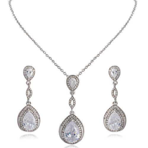 Bridal bridesmaid teardrop earrings necklace set clear zircon austrian crystal for sale