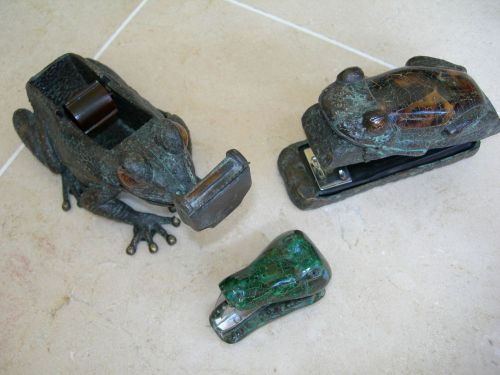 Maitland Smith Verdi Patina Brass and Penshell Frog Motif Desk Accessory Set (3)