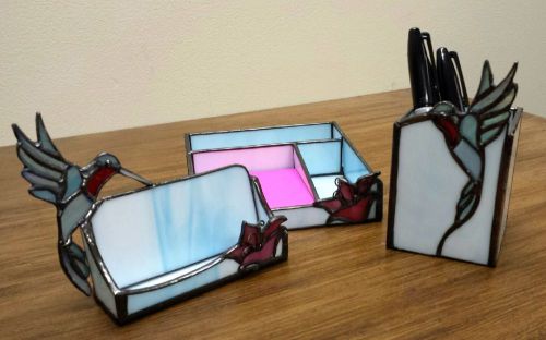 Hummingbird desk set, card holder &amp; pen/pencil holder, handmade stained glass for sale