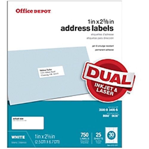 Office depot brand white inkjet/laser address labels - 750 pack - 1&#034; x 2-5/8&#034; for sale