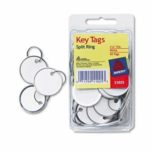 Avery Metal Rim Key Tags, Card Stock/Metal, 1 1/4&#034; Dia, White, 50/Pk (AVE11025)