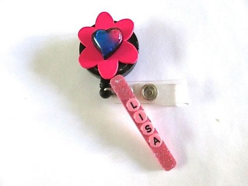 ID BADGE RETRACTABLE REEL PINK,BLUE HEART PERSONALIZED,MEDICAL,NURSE,OFFICE,ER,