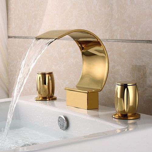 Modern 3 Holes Waterfall Widespread Sink Faucet Shiny Gold Tap Free Shipping