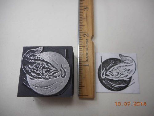 Letterpress Printing Printers Block, Fishing, Fish ready to Bite Worm on Hook