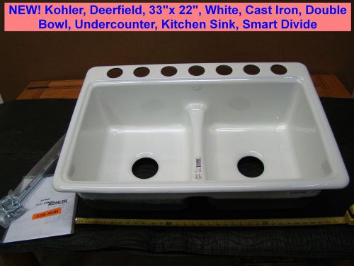 NEW! Kohler Deerfield 33x22 Cast Iron Double Bowl Undercounter Sink Smart Divide