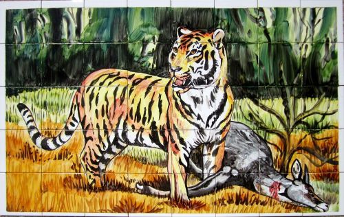 Decorative ceramic tiles: mosaic hand painted wall mural wildlife tiger hunting for sale