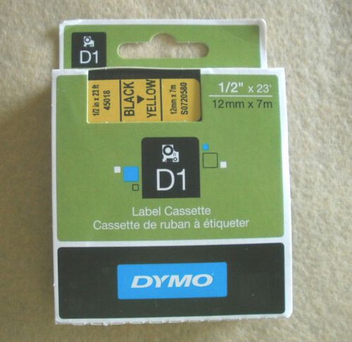 DYMO LABEL CASSETTE D1 BLACK ON YELLOW 1/2&#034; X 23&#039; 1 CASSETTE NEW IN PACKAGE