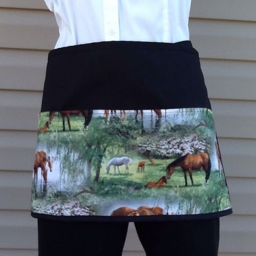 BLACK Horses 3 POCKET WAITRESS WAIST Half APRON BAR RESTAURANT SERVER CAFE -USA