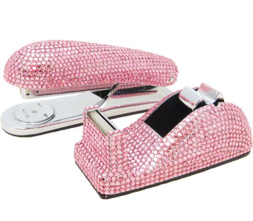 Pink Crystal Stapler &amp; Tape Dispenser Desk Accessory Set with Swarovski Crystals