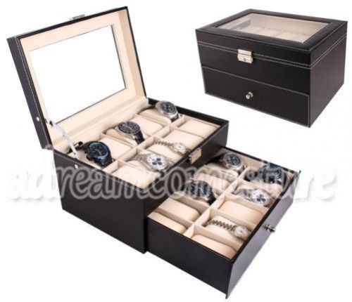 Useful 20 Large Slot Leather Watch Box Display Case  Glass Top Jewelry Storage