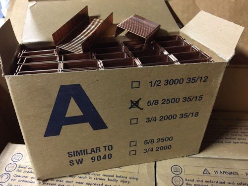 6 - boxes of carton closing staples &#039;a&#039; 1-3/8&#034; crown 5/8&#034; leg 2,500 per box for sale