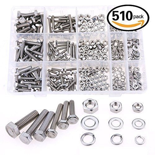 Glarks 510 Pieces Flat Hex Stainless Steel Screws Bolts nuts Lock and Flat Kit