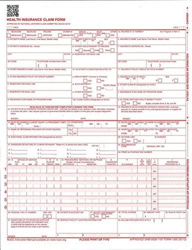 NEW CMS 1500 Claim Forms - HCFA (Version 02/12) 100 per Ream