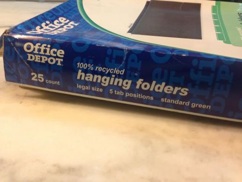 Box of 25 Office Depot Legal Size Hanging File Folders 1/5 Cut Green Tabs Insert