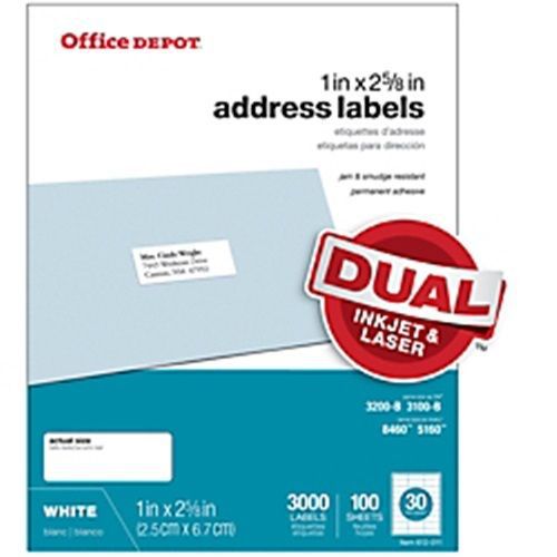 Office depot brand white inkjet/laser address labels - 3000 pack - 1&#034; x 2-5/8&#034; for sale