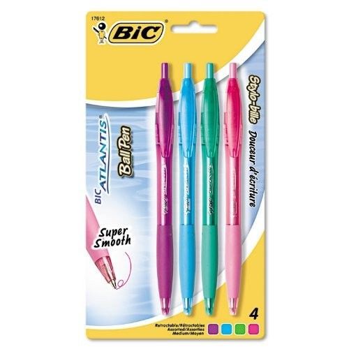 BIC Atlantis Ballpoint Retractable Fashion Pen, Assorted Ink, Medium, 4 per Pack