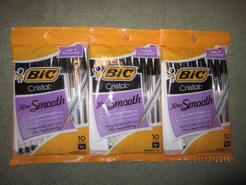 3x BIC Cristal &#034;Xtra Smooth&#034; Ball Pen Med Point Black 1.0mm Black Pen 10 ct each