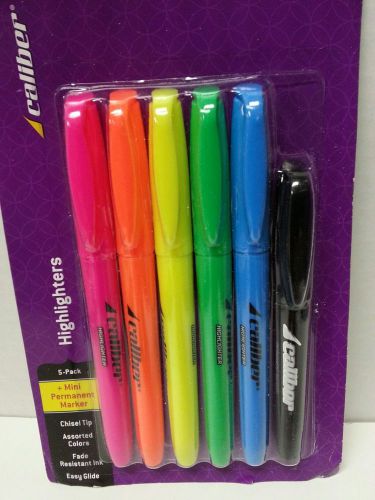 Caliber Highlighters, 5 Assorted Colors + 1 Mini Black Permanent Marker