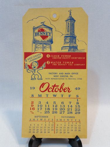 VINTAGE DENNEY TAG CO. OCTOBER 1949 CALENDER TAG - FREE SHIPPING