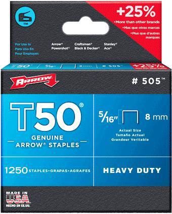 Arrow T50 #505 T50 Staples 5/16&#034; 8mm Flat Crown Pack 1250 Staples X 1