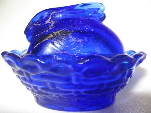 Cobalt Blue glass bunny rabbit / salt cellar celt on nest basket easter eggs dip