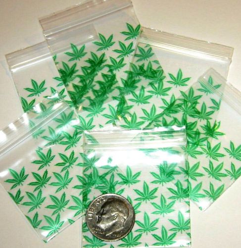 100 Baggies 1515  Green Leaves 1.5 x 1.5&#034; Apple reclosable Mini Ziplock Bags