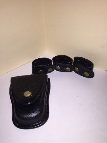 4-LEATHER BASKET WEAVE BELT CLIPS 1-HANDCUFFS + 3 CLIP RINGS VINTAGE POLICE