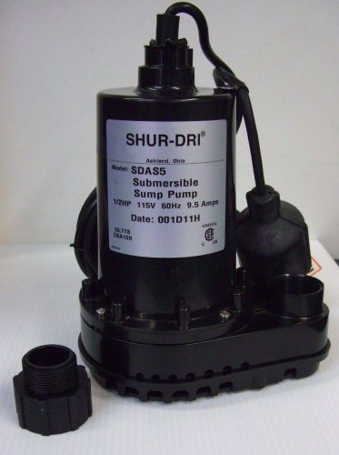 Shur-dri 1/2hp sump pump w/ float submersible sdas5  nib 115v 9.5a new no box for sale